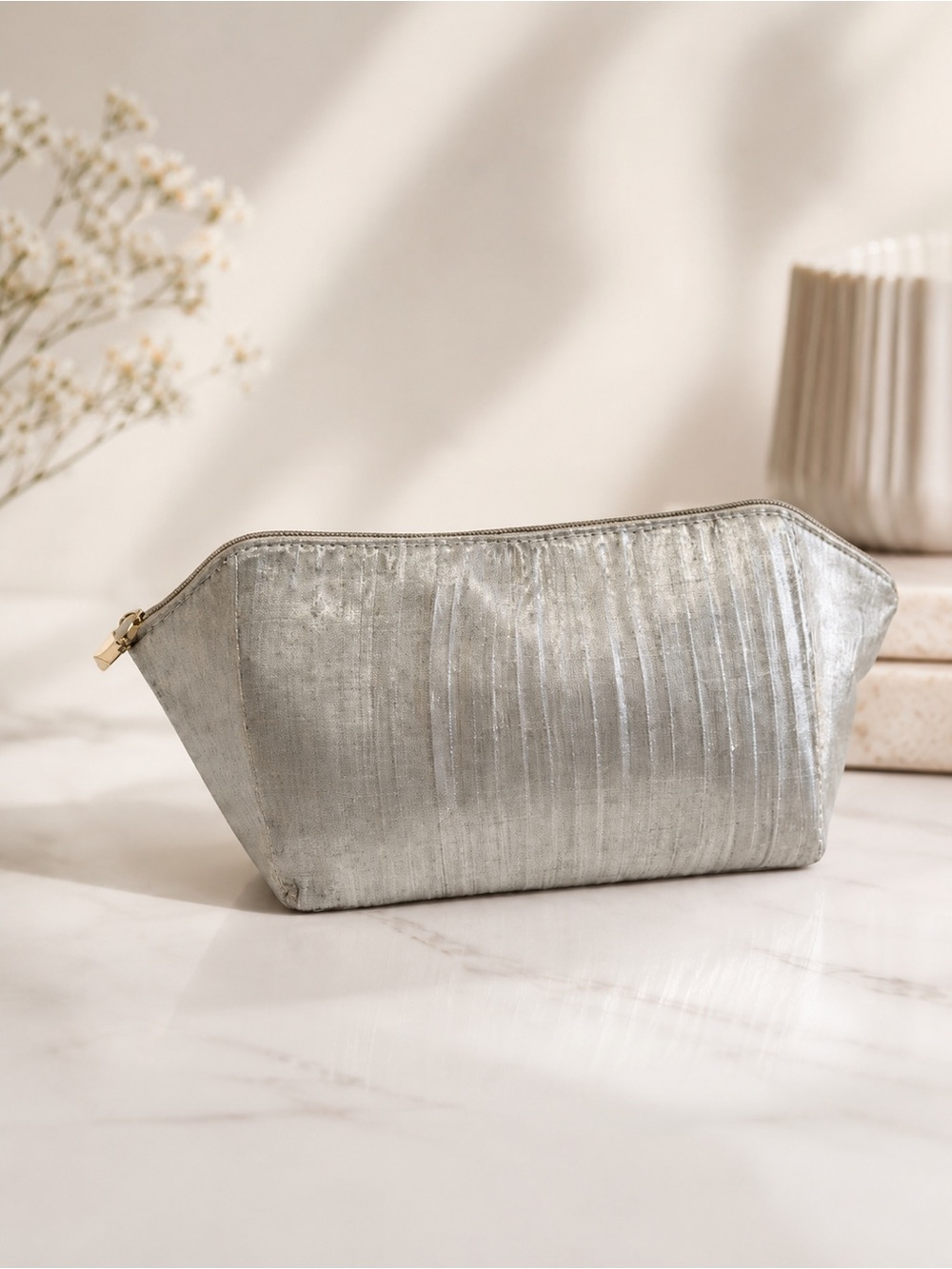 Bvlgari Silver Metallic Cosmetic Pouch Makeup Bag Travel Toiletry Case